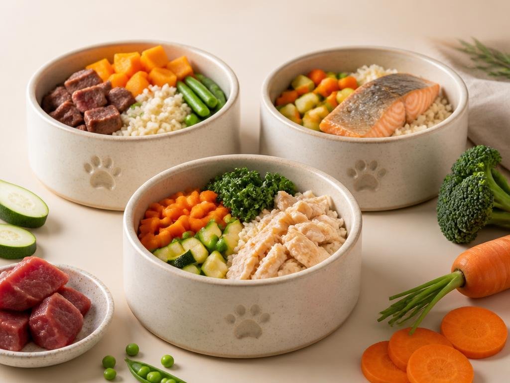 Comida casera para perros con carne, pollo, pescado y vegetales seguros en bowls