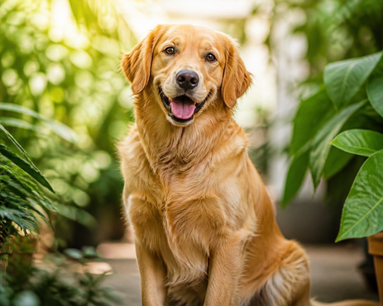 Perro feliz y saludable rodeado de plantas naturales, sin síntomas de alergias caninas