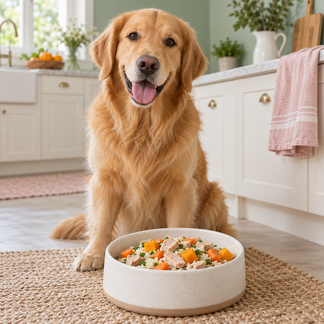 Golden retriever junto a un plato de comida casera con ingredientes cocidos