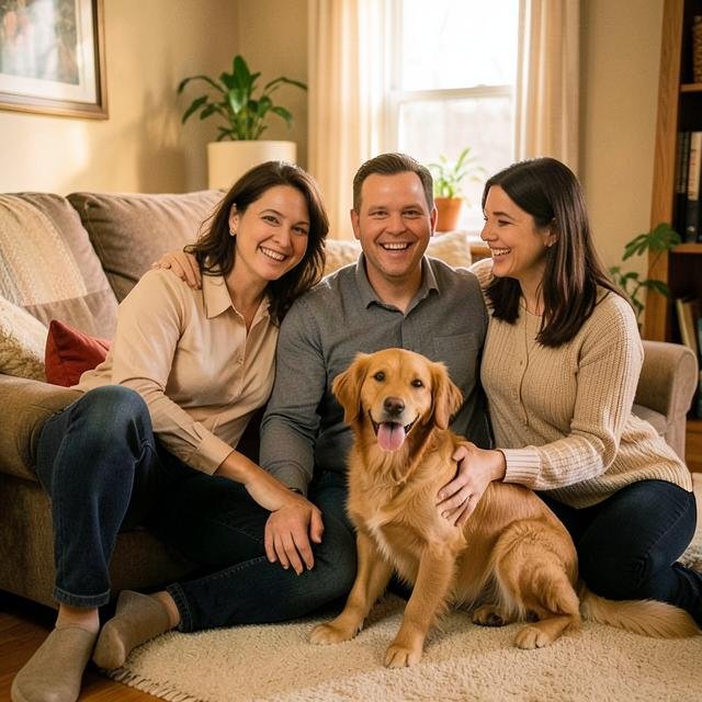 Familia en casa con su perro sano y sin picazón