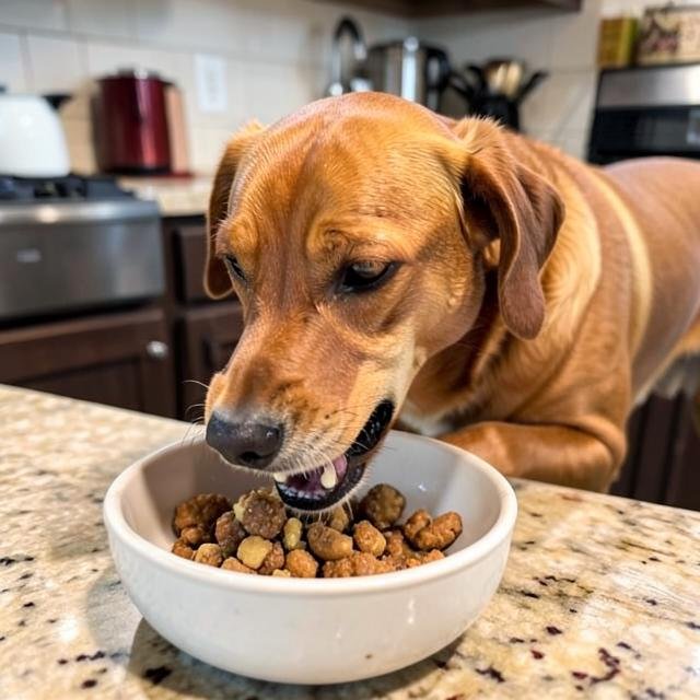 Perro comiendo comida casera equilibrada en su bowl